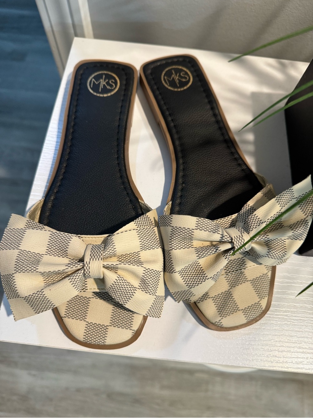 Beige Check Bow Slide Sandals